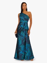 Adrianna Papell Blue One Shoulder Jacquard Gown - Image 3 of 6