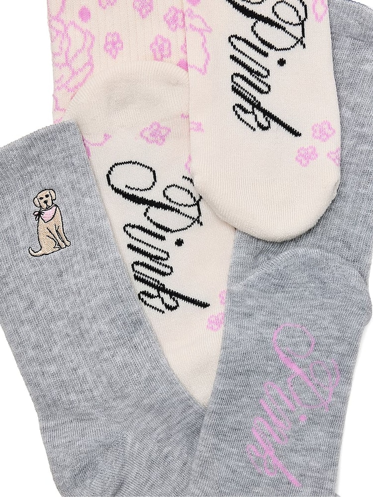 Victoria's Secret Pink Grey/Floral Print 2 Pack Crew Socks - Image 2 of 2 Victoria's Secret Pink Grey/Floral Print 2 Pack Crew Socks - Image 2 of 2
