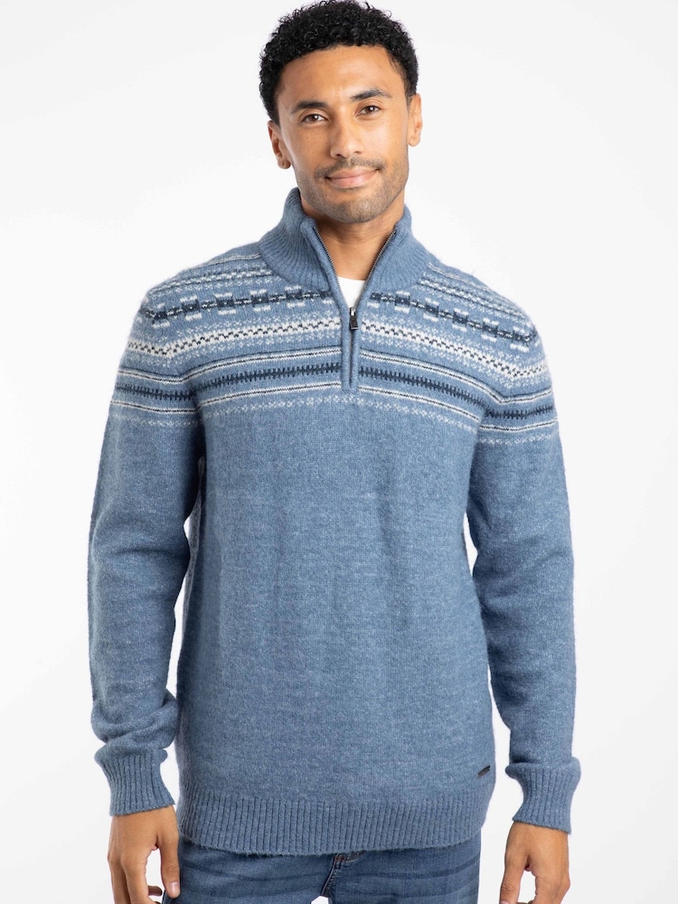 Weird Fish Blue Larner 1/4 Zip Fairisle Pattern Jumper - Image 1 of 7 Weird Fish Blue Larner 1/4 Zip Fairisle Pattern Jumper - Image 1 of 7