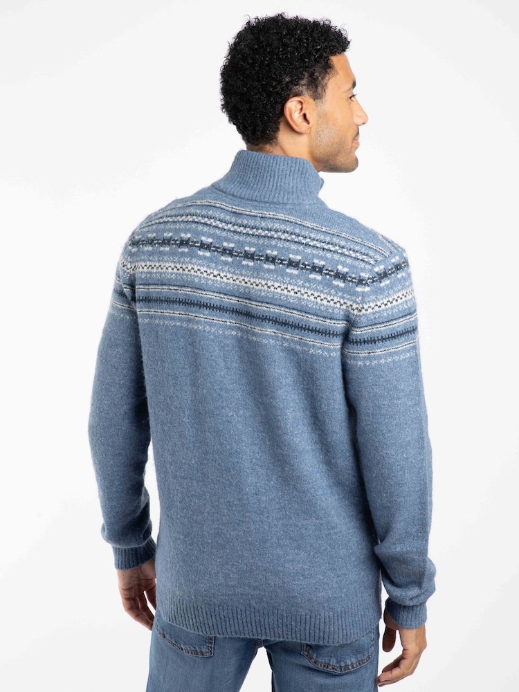 Weird Fish Blue Larner 1/4 Zip Fairisle Pattern Jumper - Image 2 of 7 Weird Fish Blue Larner 1/4 Zip Fairisle Pattern Jumper - Image 2 of 7
