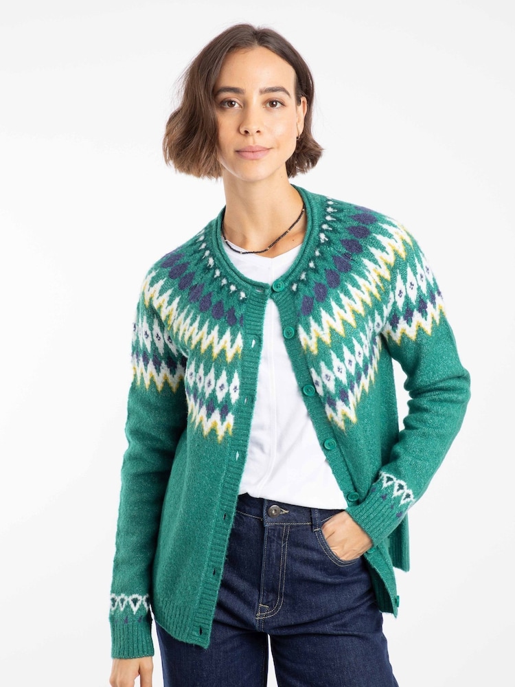 Weird Fish Green Hatty Fairisle Pattern Cardigan - Image 1 of 8 Weird Fish Green Hatty Fairisle Pattern Cardigan - Image 1 of 8