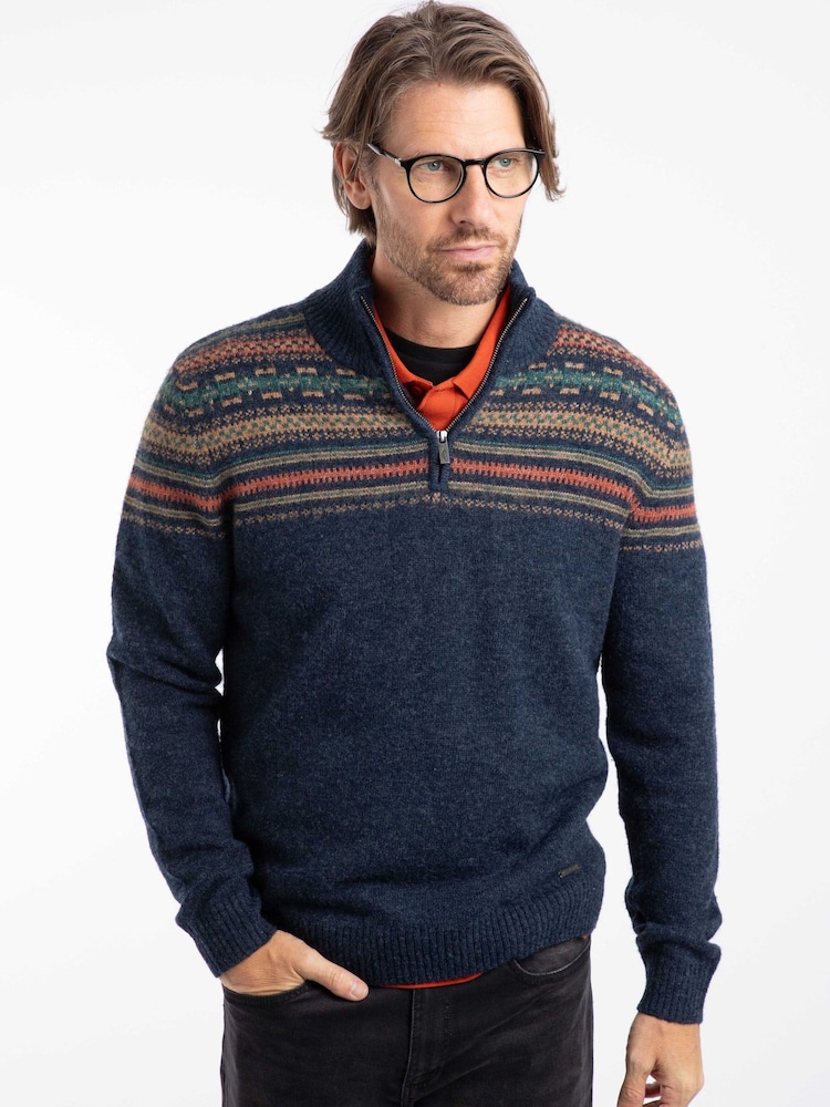 Weird Fish Aqua Blue Larner 1/4 Zip Fairisle Pattern Jumper - Image 1 of 6 Weird Fish Aqua Blue Larner 1/4 Zip Fairisle Pattern Jumper - Image 1 of 6