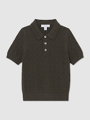 Reiss Dark Sage Boston Cotton Pointelle-Knit Polo Shirt - Image 1 of 3
