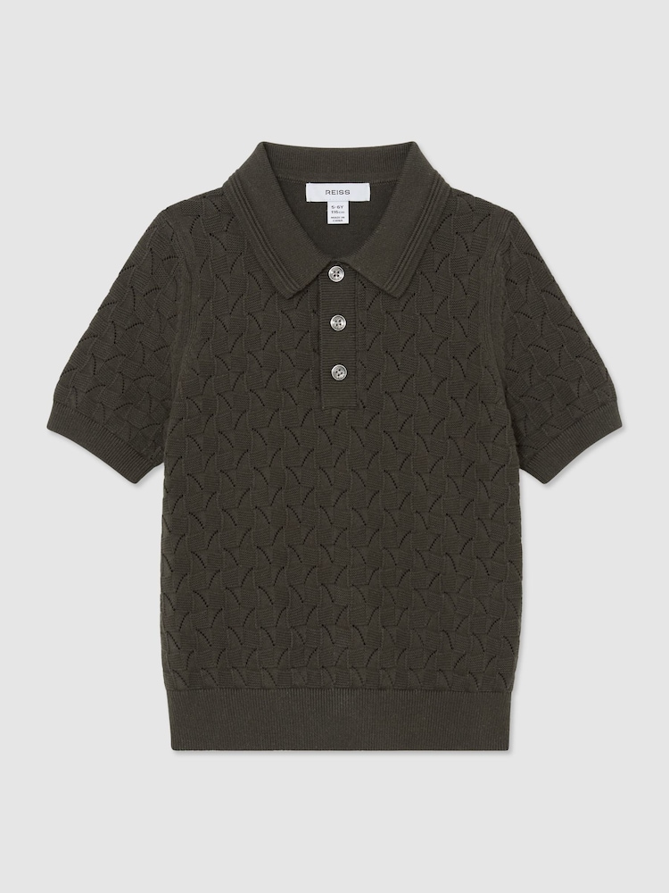 Reiss Dark Sage Boston Cotton Pointelle-Knit Polo Shirt - Image 1 of 3 Reiss Dark Sage Boston Cotton Pointelle-Knit Polo Shirt - Image 1 of 3