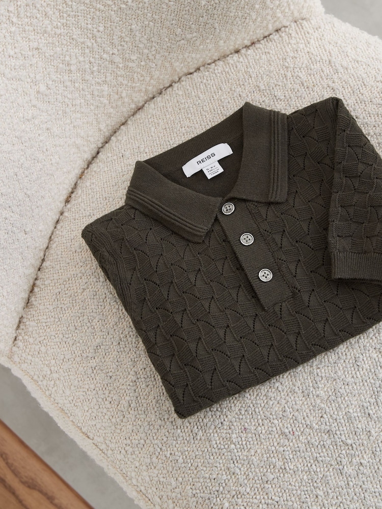 Reiss Dark Sage Boston Cotton Pointelle-Knit Polo Shirt - Image 2 of 3 Reiss Dark Sage Boston Cotton Pointelle-Knit Polo Shirt - Image 2 of 3