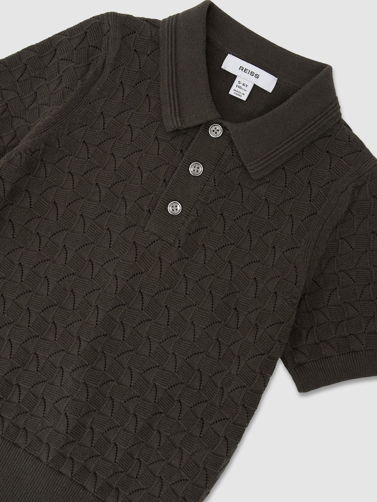 Reiss Dark Sage Boston Cotton Pointelle-Knit Polo Shirt - Image 3 of 3 Reiss Dark Sage Boston Cotton Pointelle-Knit Polo Shirt - Image 3 of 3