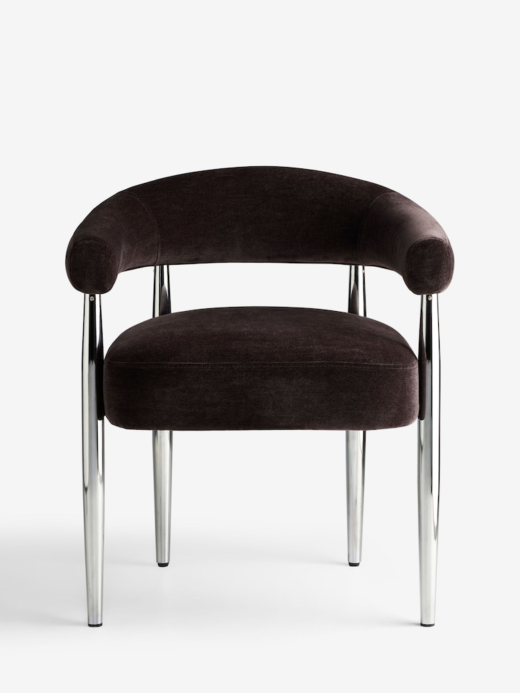 Set of 2 Relaxed Chenille Chocolate Brown Chrome Metal Leg Arm Aire Dining Chairs - Image 1 of 5 Set of 2 Relaxed Chenille Chocolate Brown Chrome Metal Leg Arm Aire Dining Chairs - Image 1 of 5