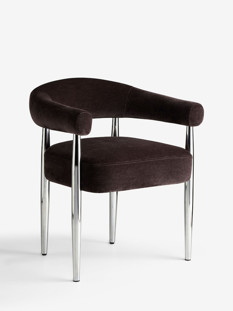 Set of 2 Relaxed Chenille Chocolate Brown Chrome Metal Leg Arm Aire Dining Chairs - Image 2 of 5 Set of 2 Relaxed Chenille Chocolate Brown Chrome Metal Leg Arm Aire Dining Chairs - Image 2 of 5