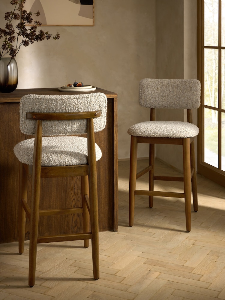 Tweedy Boucle Mink Brown Dark Wood Leg Wrenley Bar Stool - Image 1 of 8 Tweedy Boucle Mink Brown Dark Wood Leg Wrenley Bar Stool - Image 1 of 8