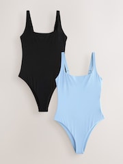 Blue/Black Rib Square Neck Swimsuit 2 Pack - Image 1 of 6