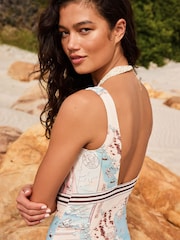 Cream/Blue Map Print - Scoop Square Neck Swimsuit - Attēls 5 no 7