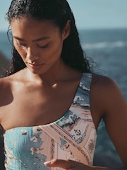 Cream/Blue Map Rib One Shoulder Tummy Control Swimsuit - Image 6 of 10