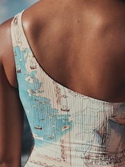 Cream/Blue Map Rib One Shoulder Tummy Control Swimsuit - Image 7 of 10