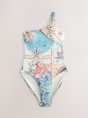Cream/Blue Map Rib One Shoulder Tummy Control Swimsuit - Image 8 of 10