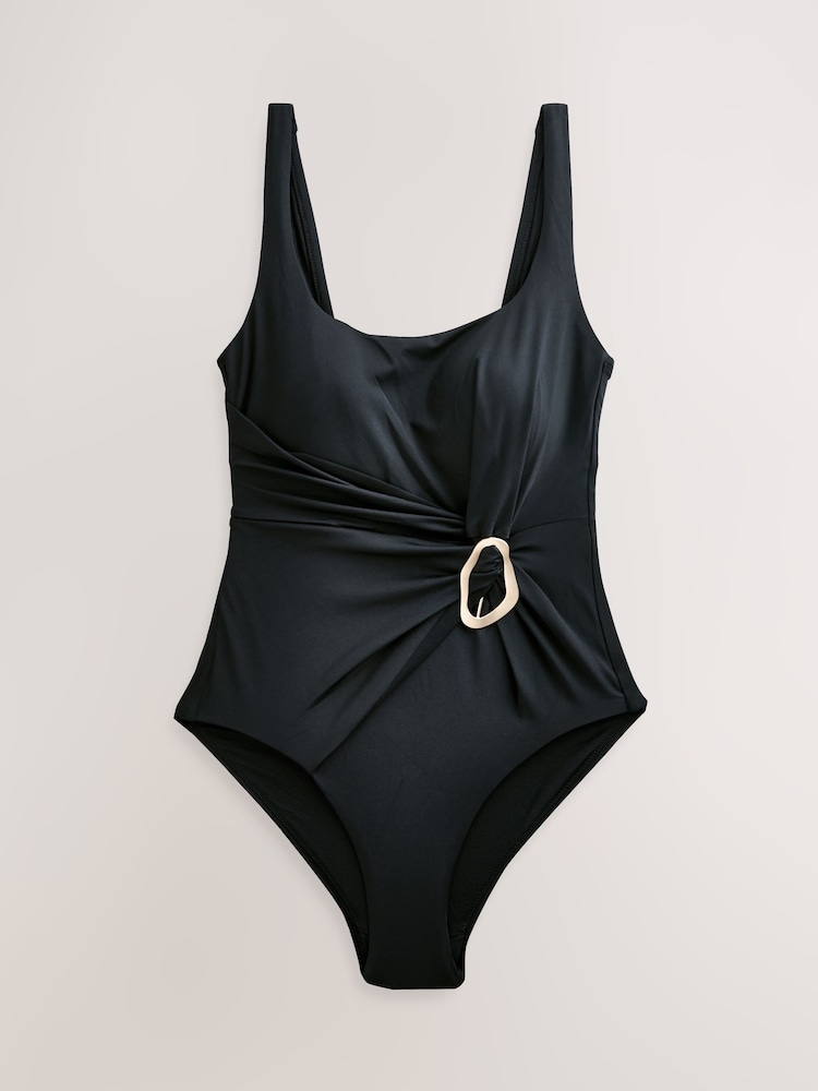 Black/Gold Hardware Twist Scoop Tummy Control Swimsuit - Image 1 of 3