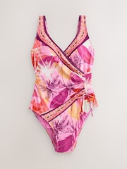 Magenta Pink Palm Ruched Side Tummy Shaping Control Swimsuit - Image 1 of 3