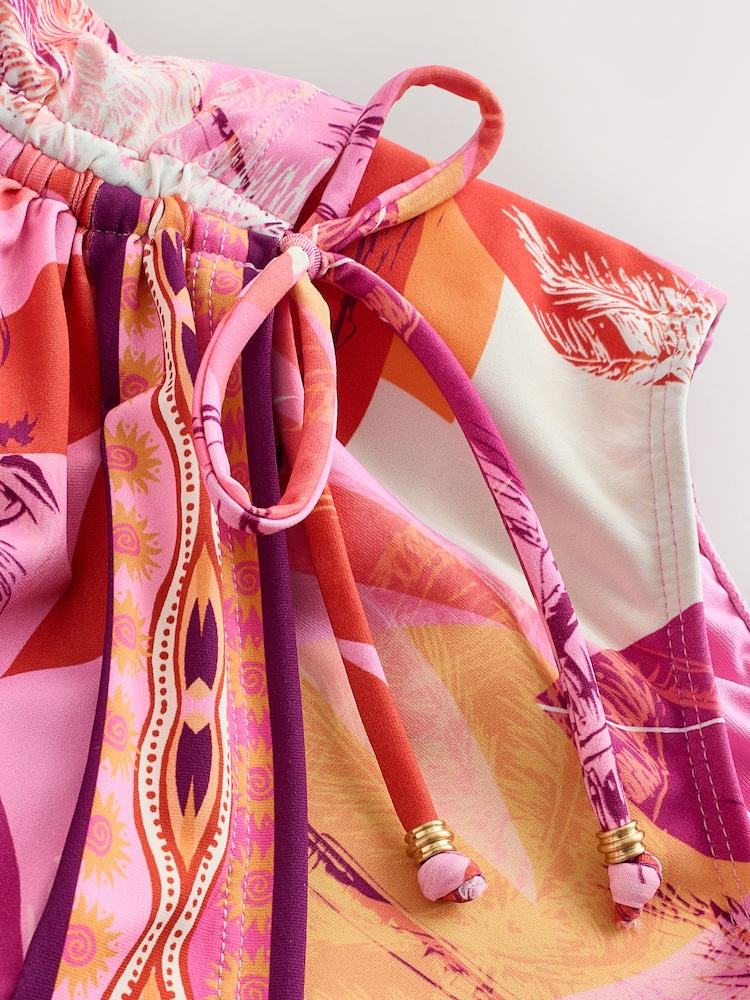 Magenta Pink Palm Ruched Side Tummy Shaping Control Swimsuit - Image 2 of 3 Magenta Pink Palm Ruched Side Tummy Shaping Control Swimsuit - Image 2 of 3