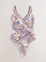 Cream/Blue Paisley Ruched Side Tummy Shaping Control Swimsuit - Image 7 of 9