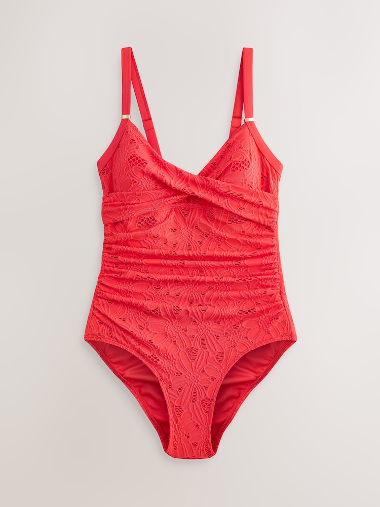 Red Broderie Shaping Tummy Control Swimsuit - Image 1 of 3