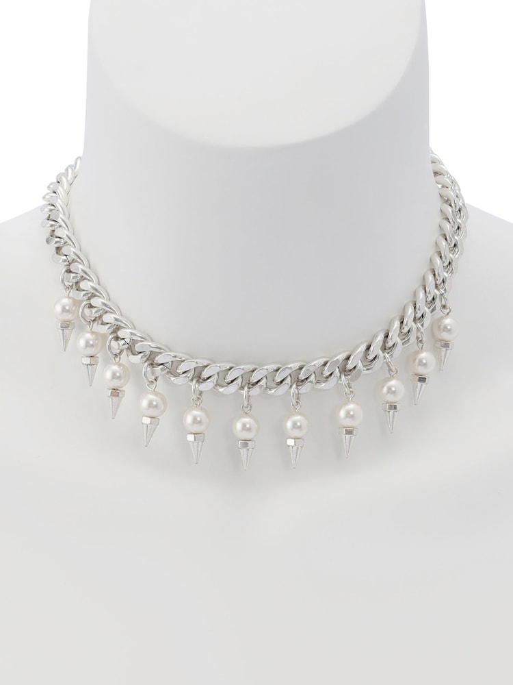 AllSaints Silver Tone Pearl Spike Charm Choker Necklace - Image 5 of 5 AllSaints Silver Tone Pearl Spike Charm Choker Necklace - Image 5 of 5