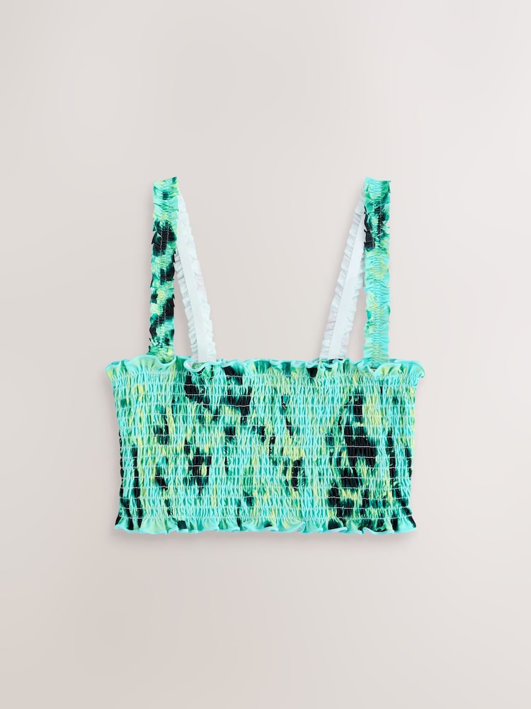 Aqua Green/Lime Animal Shirred Bandeau Bikini Top - Image 1 of 3