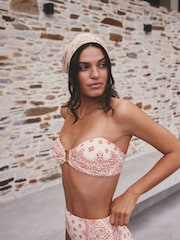 Cream/Pink Paisley Non Wired Bandeau Bikini Top - Image 1 of 8
