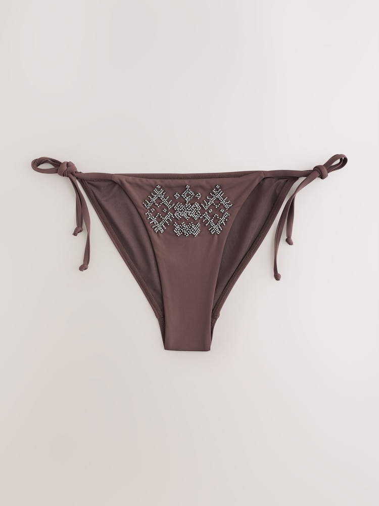 Chocolate Brown Tie Side Beaded Embellished Tie Side Bikini Bottoms - Image 7 of 7 Chocolate Brown Tie Side Beaded Embellished Tie Side Bikini Bottoms - Image 7 of 7