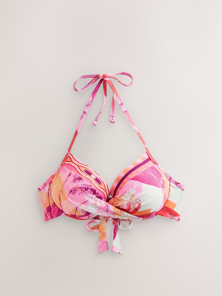 Pink/Orange Palm Padded Wired Plunge Bikini Top - Image 1 of 4