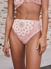 Cream/Pink Paisley High Waist Belted Bikini Bottom - Image 1 of 7