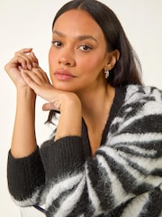 Roman Black Zebra Print Fluffy Knit Cardigan - Image 1 of 5