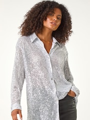 Plateado metalizado - Roman Sequin Button Through Stretch Shirt - Imagen 4 de 5