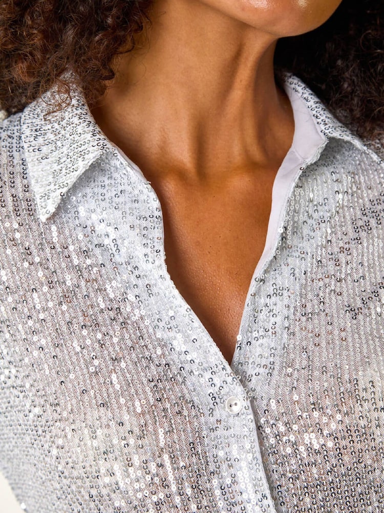 Roman Metallic Silver Sequin Button Through Stretch Shirt - Image 5 of 5 Roman Metallic Silver Sequin Button Through Stretch Shirt - Image 5 of 5