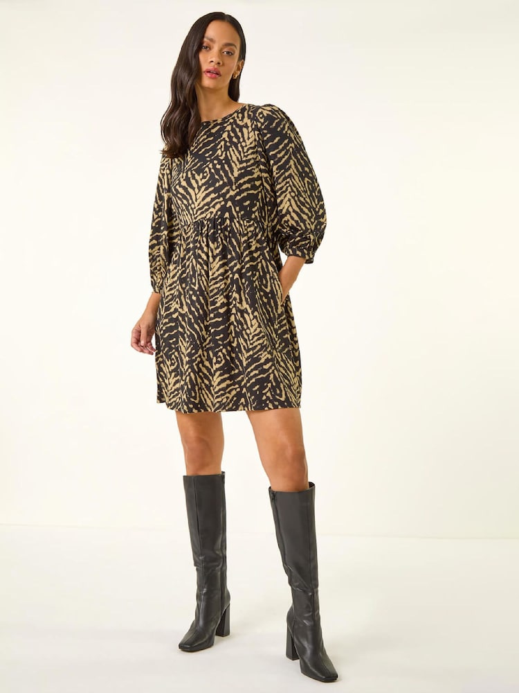 Roman Black Abstract Puff Sleeve Midi Dress - Image 2 of 5 Roman Black Abstract Puff Sleeve Midi Dress - Image 2 of 5