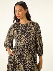 Roman Black Abstract Puff Sleeve Midi Dress - Image 4 of 5