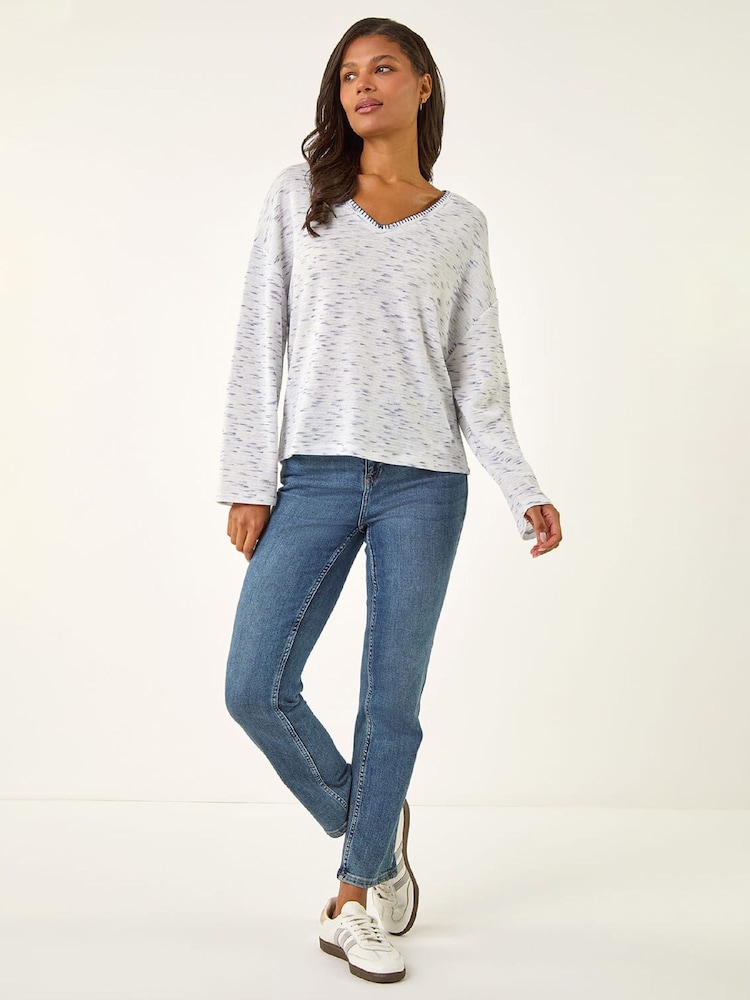 Roman Blue Contrast Stitch V-Neck Tunic Top - Image 2 of 5 Roman Blue Contrast Stitch V-Neck Tunic Top - Image 2 of 5