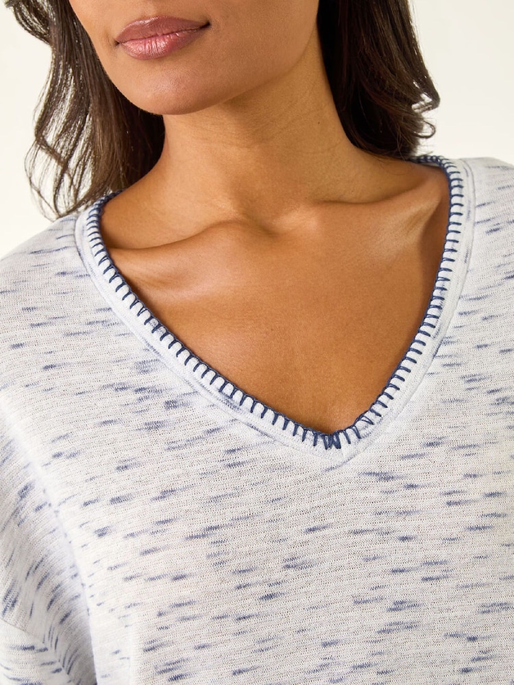 Roman Blue Contrast Stitch V-Neck Tunic Top - Image 6 of 6