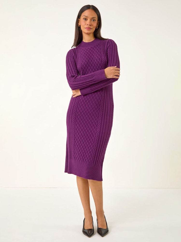 Roman Purple Cable Knit Midi Jumper Dress - Image 2 of 5 Roman Purple Cable Knit Midi Jumper Dress - Image 2 of 5