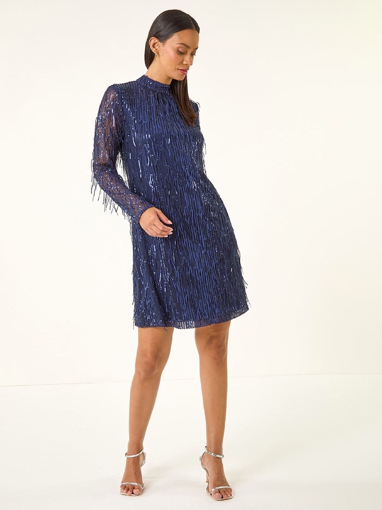 Roman Blue All Over Fringe Shift Dress - Image 1 of 5 Roman Blue All Over Fringe Shift Dress - Image 1 of 5