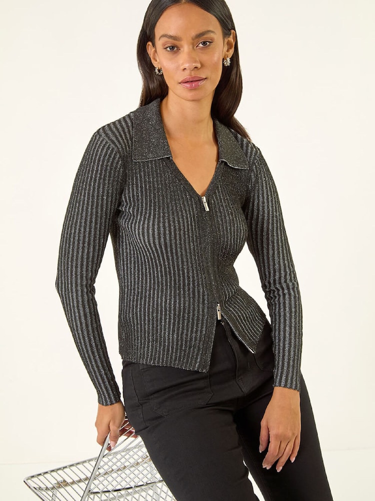 Roman Metallic Zip Front Collared Knit Jumper - Image 1 of 5 Roman Metallic Zip Front Collared Knit Jumper - Image 1 of 5