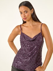 Roman Purple Cowl Neck Sequin Cami Top - Image 4 of 5