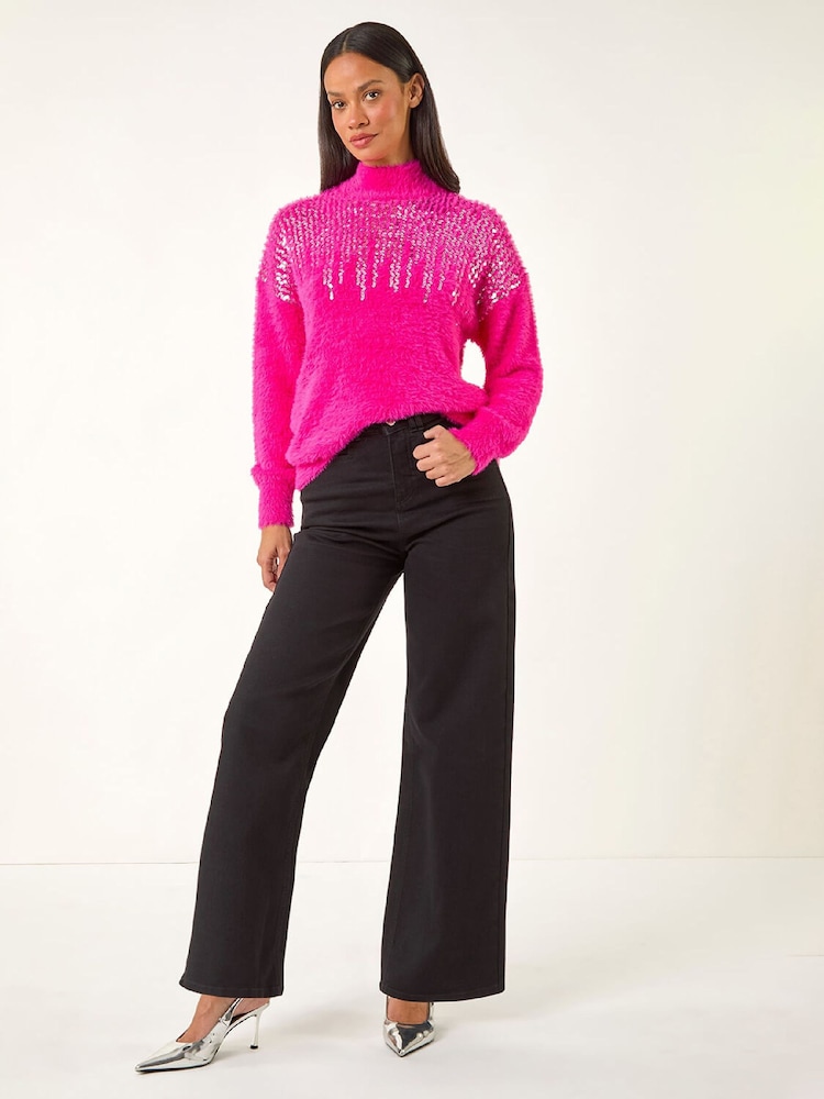 Roman Pink Sequin Embellished Fluffy Knit Jumper - Image 2 of 5 Roman Pink Sequin Embellished Fluffy Knit Jumper - Image 2 of 5