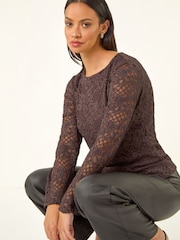 Roman Brown Baroque Lace Stretch Blouse - Image 1 of 5
