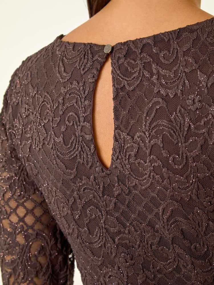 Roman Brown Baroque Lace Stretch Blouse - Image 5 of 5 Roman Brown Baroque Lace Stretch Blouse - Image 5 of 5
