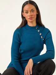 Roman Blue Button Detail Ribbed Jumper - Image 1 of 5