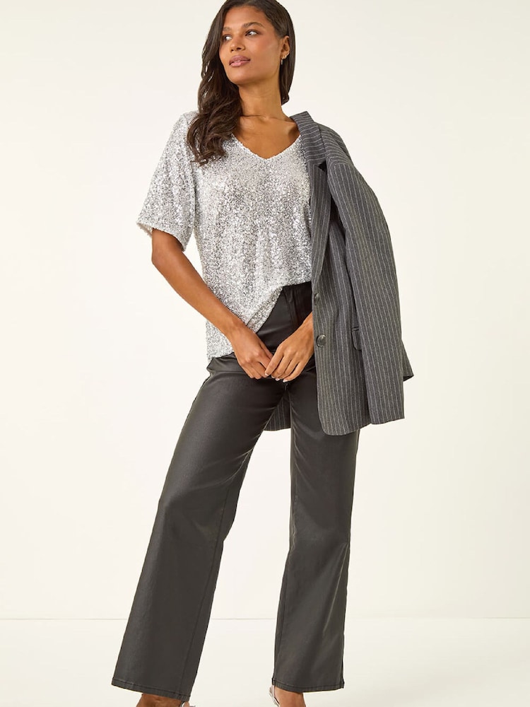 Roman Silver Sequin Embellished V-Neck Tunic Top - Image 1 of 5 Roman Silver Sequin Embellished V-Neck Tunic Top - Image 1 of 5