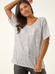 Plateado - Roman Sequin Embellished V-Neck Tunic Top - Imagen 2 de 5