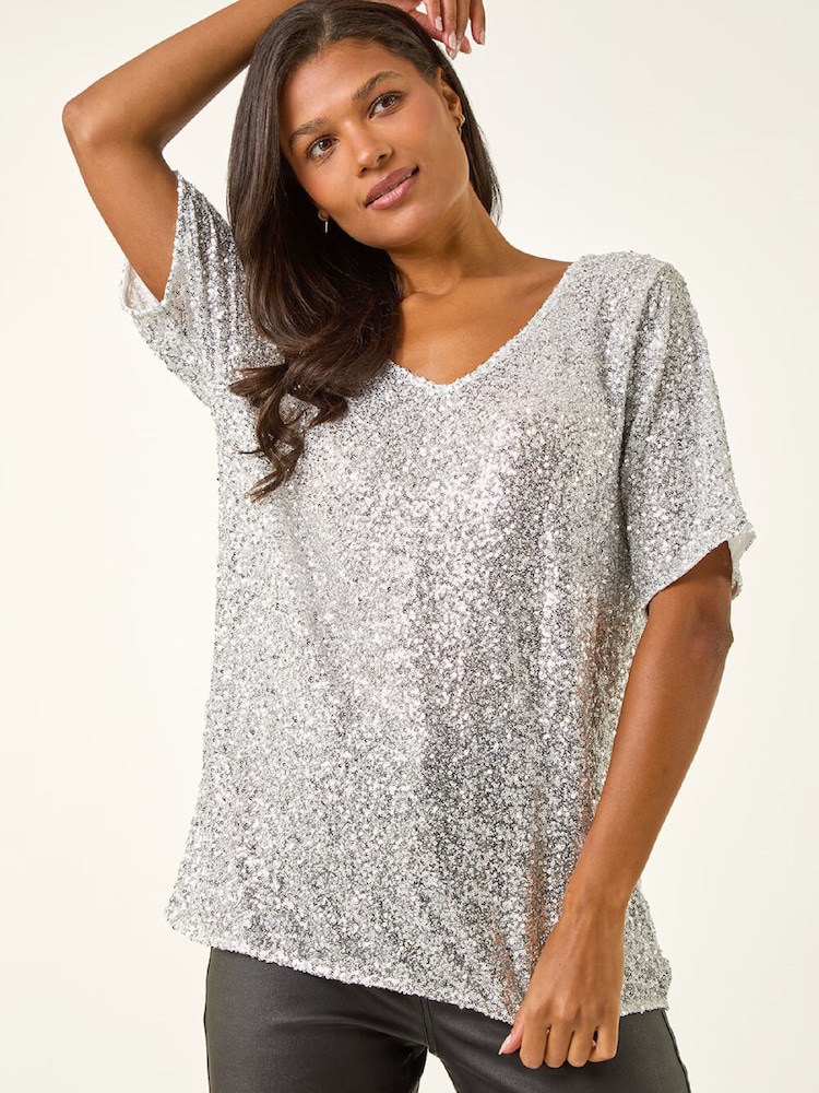 Roman Silver Sequin Embellished V-Neck Tunic Top - Image 2 of 5 Roman Silver Sequin Embellished V-Neck Tunic Top - Image 2 of 5