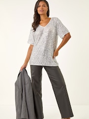 Plateado - Roman Sequin Embellished V-Neck Tunic Top - Imagen 4 de 5