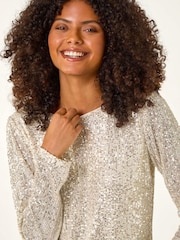 Roman Metallic Silver Sequin Long Sleeve Stretch Blouse - Image 1 of 4
