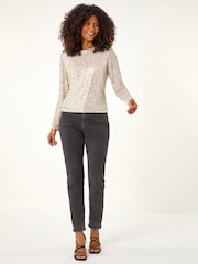 Roman Metallic Silver Sequin Long Sleeve Stretch Blouse - Image 2 of 4